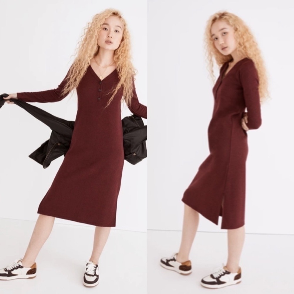 NWT Madewell Long Sleeve Henley Midi Dress Small Heather Rusted Red